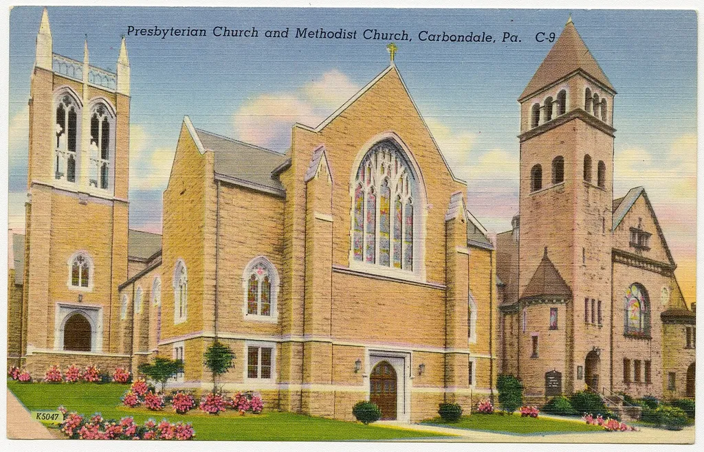The Presbyterian and Methodist Churches in Carbondale, Pennsylvania on a pre-1923 postcard. From RG 428, Postcard Collection, Presbyterian Historical Society, Philadelphia, Pennsylvania.