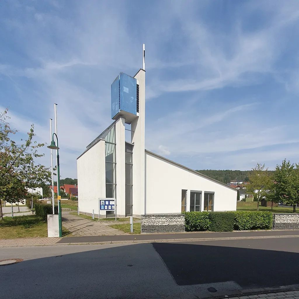 Southern view of the church "Johanneskirche" in Bad Bocklet, Bad Bocklet municipality, Bad Kissingen district, Bavaria state, Germany.