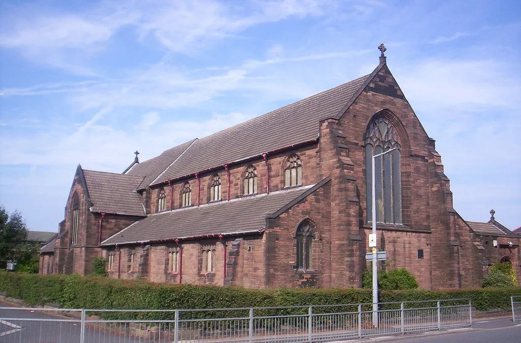 All Saints' parish church, Ellamsbridge Road, Sutton, St Helens, Merseyside, seen from the southwest. designed by Austin and Paley; consecrated 14 October 1893.