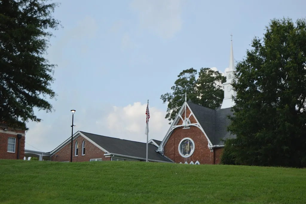 Distant view of First Baptist Church, located at 538 Greenwood Street in Eden, North Carolina, United States. Built in 1886, it is listed on the National Register of Historic Places.