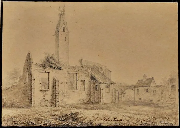 Speyer, Ruine Peterskirche, Sepiazeichnung von Peter Gayer (1793-1836)