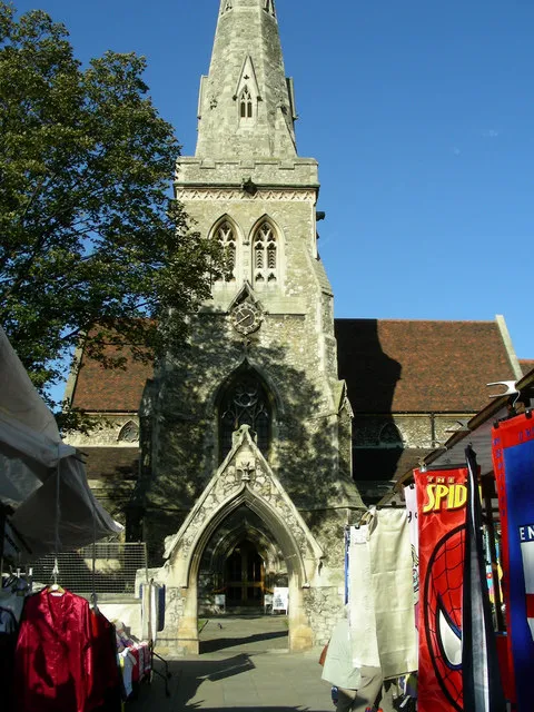 St Edward's Church, Romford The parish church of St. Edward the Confessor viewed between the stalls of Romford Market. There has been a church on this site since 1410, although current building dates to 1850. http://www.stedwardsromford.org/