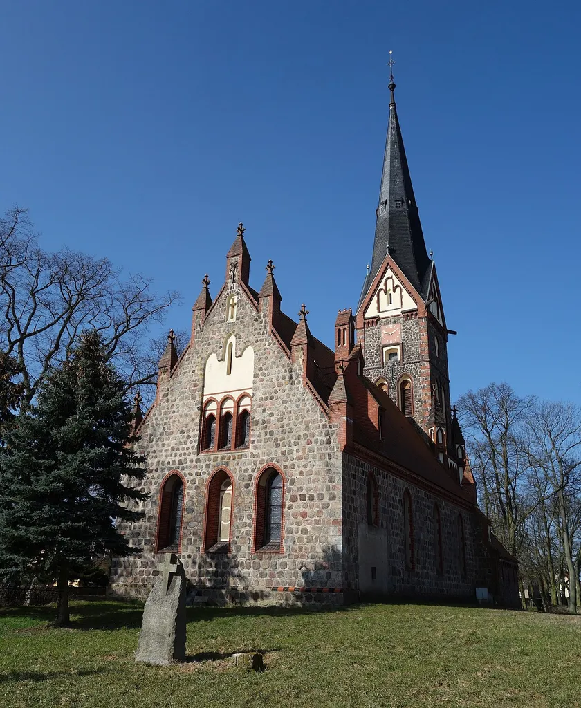 East-north-eastern view of the church in Golzow , Chorin municipality , Barnim district, Brandenburg state, Germany.