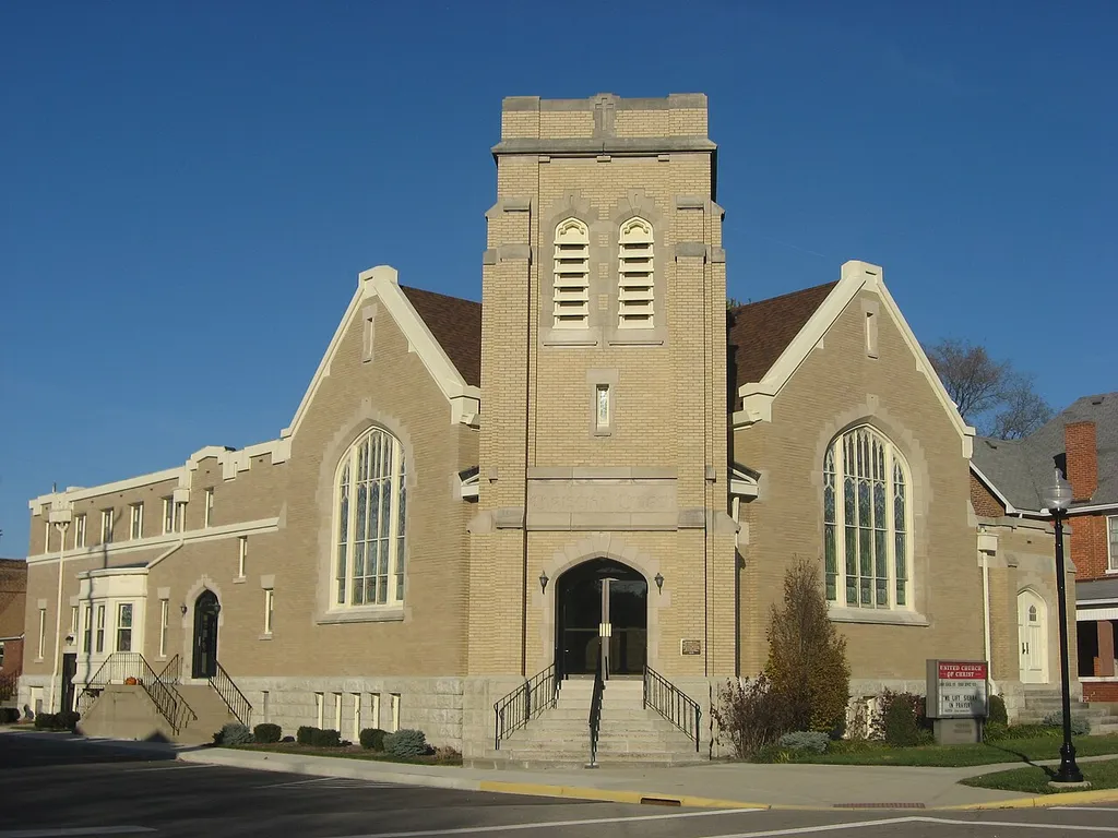 Front and western side of the Pleasant Hill United Church of Christ, located at 10 W. Monument Street (State Route 718) in Pleasant Hill, Ohio, United States. Built in 1911, it is listed on the National Register of Historic Places.