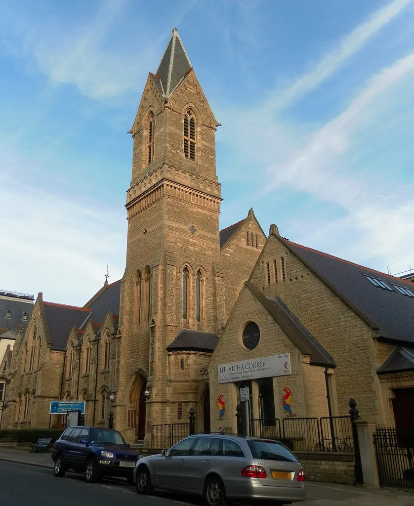 Holland Road Baptist Church, Holland Road, Hove, City of Brighton and Hove, England. Built in 1887 of Purbeck stone. Listed at Grade II by English Heritage (NHLE Code 1280592)