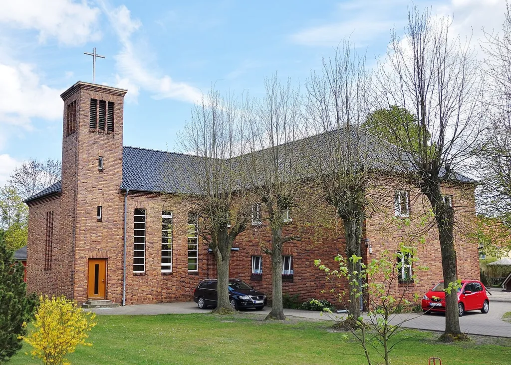 West-south-western view of protestant church in Brieselang municipality, Havelland district, Brandenburg state, Germany