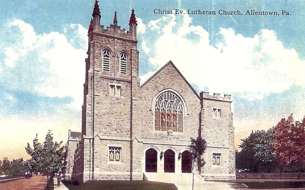 Christ Lutheran Church 1245 Hamilton Street Allentown PA Established in 1903 with original members largely from two downtown Lutheran congregations, St. John’s and St. Michael’s who lived in the west end of Allentown. Current building was opened in 1907. In May of 2012, St. Stephen Lutheran Church at 14th &amp; Franklin streets merged with Christ Lutheran due to a decline of church membership.