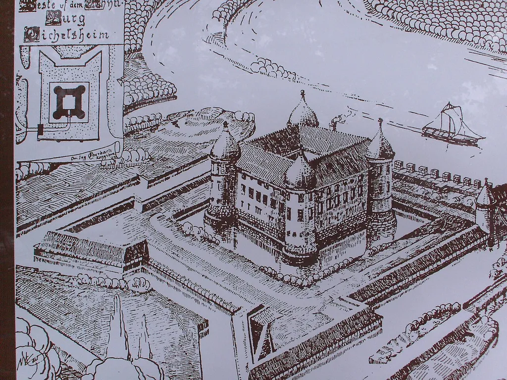 Stich Burg Eichelsheim, Mannheim, fotografiert von Schild am Ruinenrest
