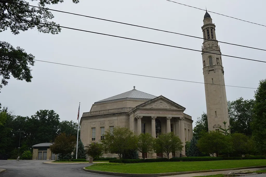 Front of the former First Church of Christ, Scientist, located at 3503 E. 93rd Street in Cleveland, Ohio, United States. Built in 1929 and now headquarters for Nottingham Spirk, it is listed on the National Register of Historic Places.