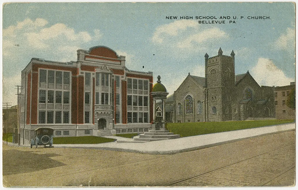 High School and Presbyterian church in Bellevue, Pennsylvania on a pre-1923 postcard. From RG 428, Postcard Collection, Presbyterian Historical Society, Philadelphia, Pennsylvania.