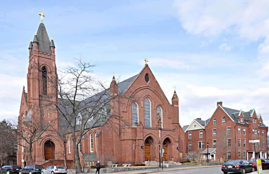 The historic Saint Mary of the Assumption Church, Rectory, School, and Convent in , Massachusetts. Built in 1880, in the Brick Gothic Revival and Late Gothic Revival styles. On the National Register of Historic Places in Brookline, Massachusetts.