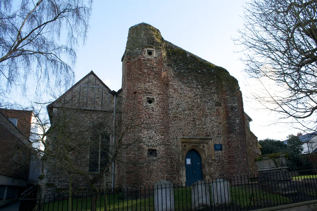 St. Martin's Church, located in the Dutch Quarters of Colchester, Essex. The Church dates from the Norman times, but the tower was destroyed during the English Civil War, and was never repaired. The Church is largely disused these days.