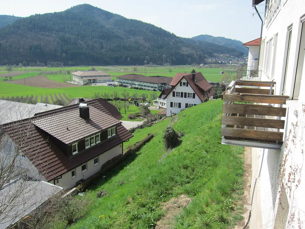 Weiler Castle, above the end of the southeastern slope the castle was located (looking towards south, the observation tower Urenkopfturm in the distance)