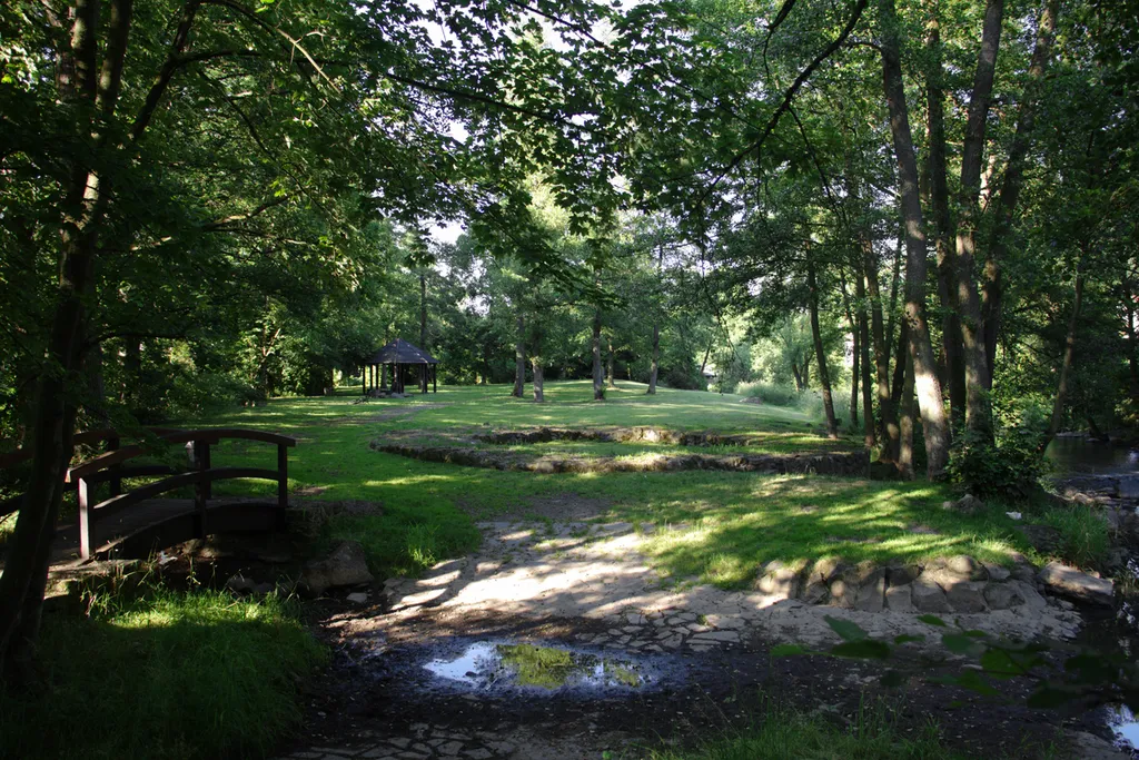 NW Side of "Burgstall" and Ford in Nieder-Ohmen, Muecke , Hesse, Germany.