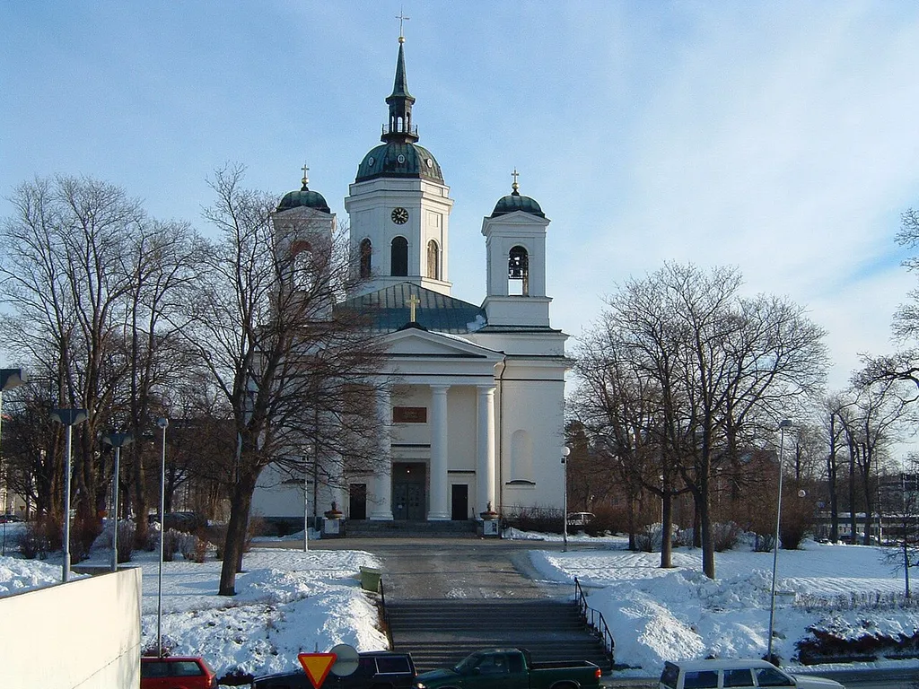 The cathedral building of "Härnösands domkyrka" at Nygatan in Härnösand, viewed from northwest (parking deck, top floor)