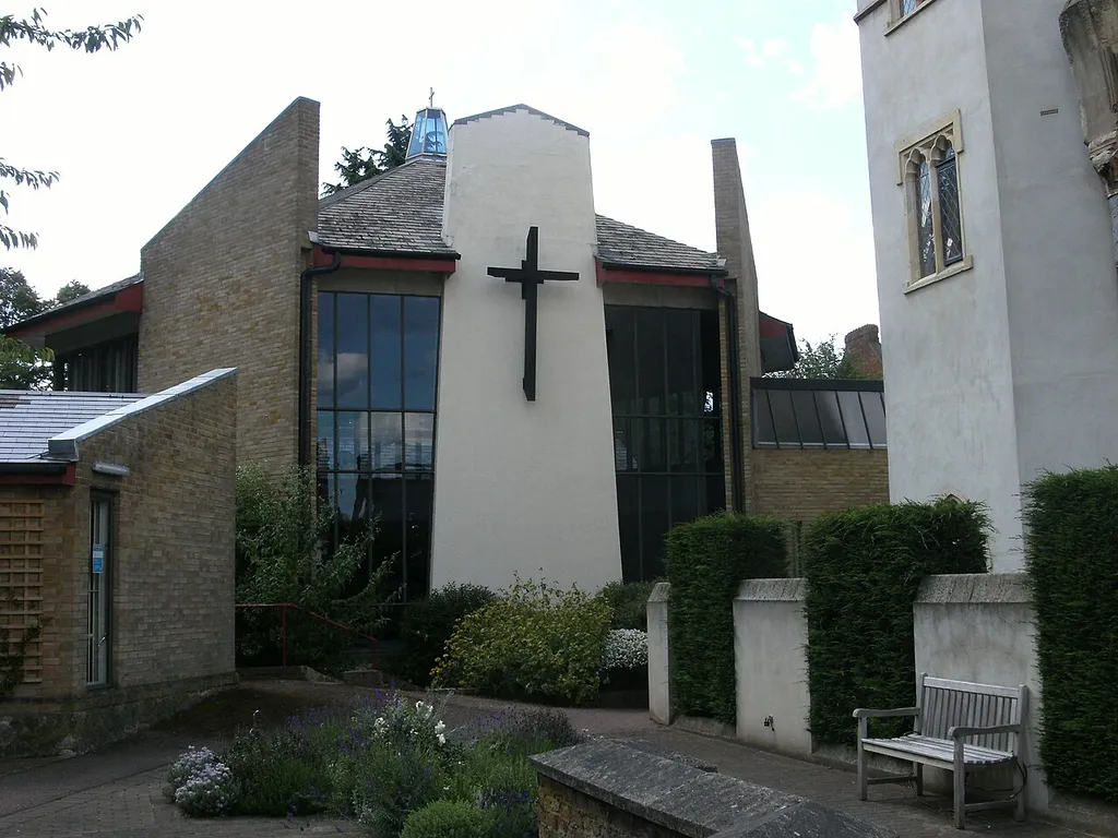 Christ Church parish church, Highland Road, Gipsy Hill, London SE19. Built in 1987 after a fire destroyed the original church, of which only the tower (partly visible on the right) now remains.