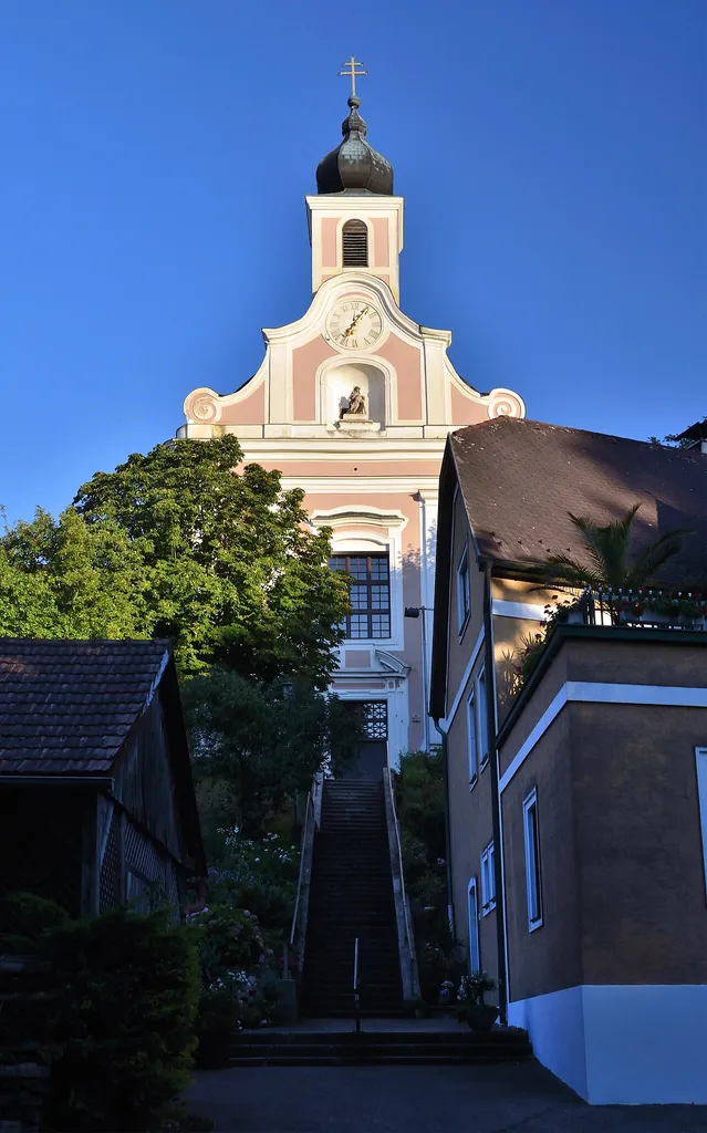 The parish church zur schmerzhaften Muttergottes, pilgrimage church of the former servite monastery in Maria Jeutendorf, municipality of Böheimkirchen, Lower Austria, is protected as a cultural heritage monument. View heading east.
