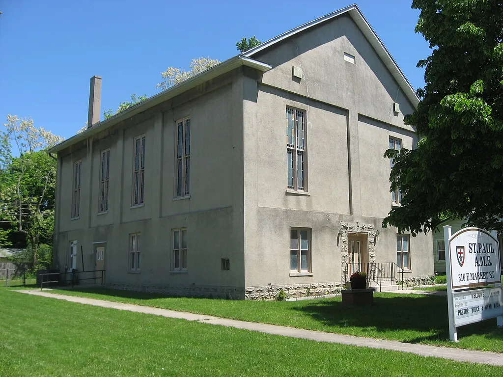 Front of St. Paul AME Church, located at 316 E. Market Street in Urbana, Ohio, United States. Built in 1876, it is listed on the National Register of Historic Places.