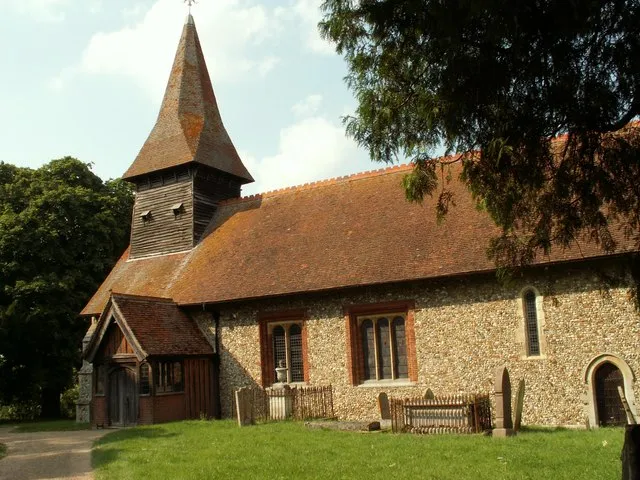 St. Mary; the parish church of Broxted The nave and chancel are 13th century and the north aisle and belfry are 15th century. The church was restored by J. Clarke in 1876. Looking north from the church, there are fine views across farmland.