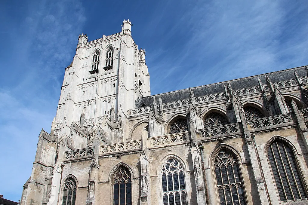 Saint-Omer (Pas-de-Calais - France), western tower (1473-1521) and nave (1375-1473) of the Notre-Dame de Saint-Omer Cathedral.