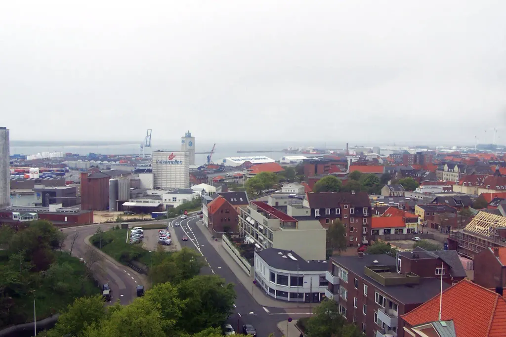 Esbjerg in Denmark, harbour seen from the watertower. Photo by Cnyborg, May 2005.