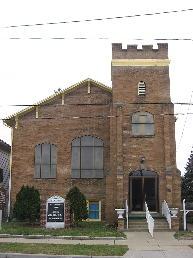 Front of Second Baptist Church, located at 315 Decatur Street in Sandusky, Ohio, United States. Built in 1920, it is listed on the National Register of Historic Places.