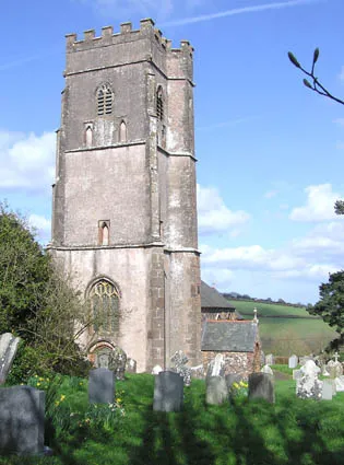 St Peter's parish church, Huish Champflower, Somerset, seen from the southwest from the top of the churchyard