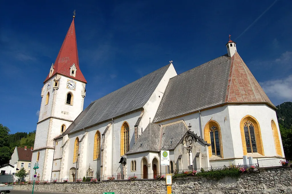 The parish church St. Peter of Aflenz Kurort, Styria, Austria. The tower was build in 1491. The church is Gothic style, interior late Baroque and Rokoko.