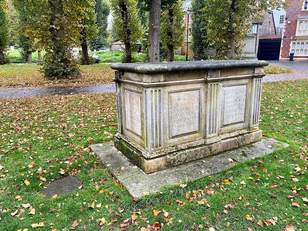 Table tomb south of St Edmundsbury Cathedral, Bury St Edmunds. Dated 1771 to members of the Dalton family. This is a photo of listed building number 1245042.