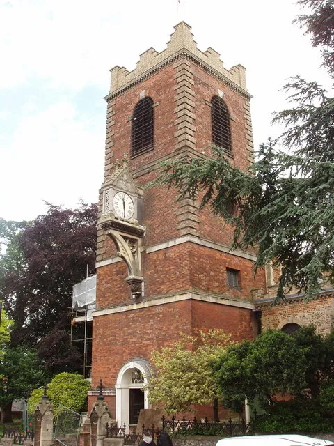St Peter's Church in Colchester. The tower was built in 1758, the clock is Victorian. The church is near the top of North Hill.