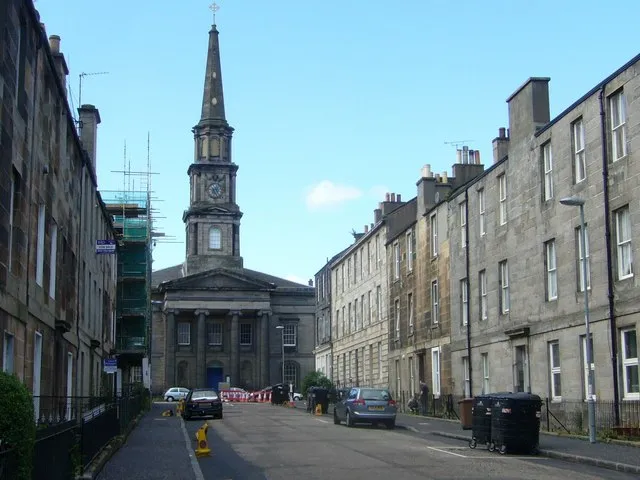 North Leith Parish Church, designed by William Burn, was erected in 1816. Viewed along Prince Regent Street