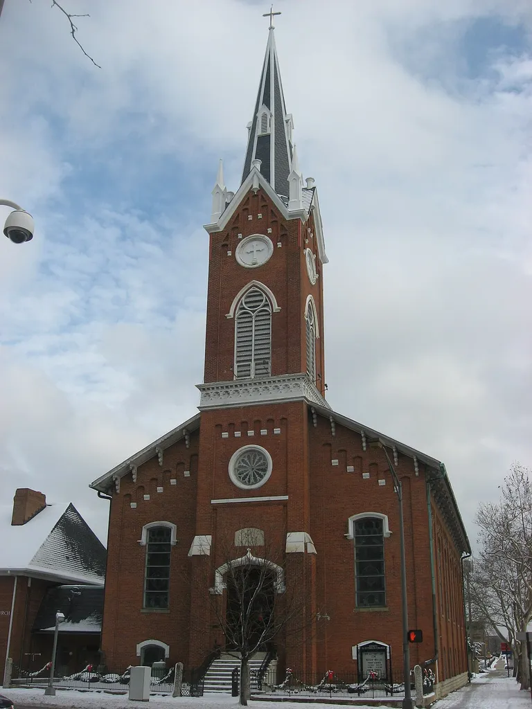 Front of Trinity German Evangelical Lutheran Church, located at 404 S. Third Street in downtown Columbus, Ohio, United States. Built in 1856, it is listed on the National Register of Historic Places.