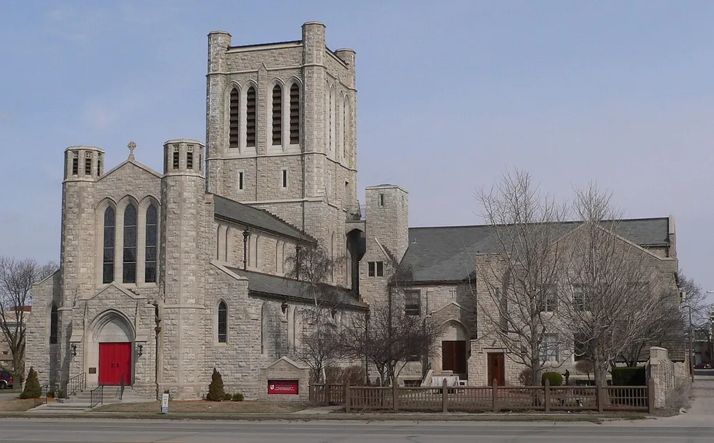 St. Mark's Episcopal Pro-Cathedral at 4th and Burlington in Hastings, Nebraska; seen from the west. The building was designed in Late Gothic Revival style in 1919 by architect Ralph Adams Cram, and built over the course of the next decade; the cornerstone was laid in 1922. It is listed in the National Register of Historic Places.