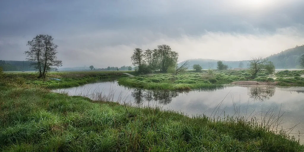 Die Naab bei See (Burglengenfeld) Rechts ist das Naturwehr zu erkennen, welches das Wasser für die Mühle/Turbine in Schirndorf anstaut. Im Dunst verborgen liegt Mossendorf (rechts) und Burglengenfeld (links Vorstadt und Zementwerk)