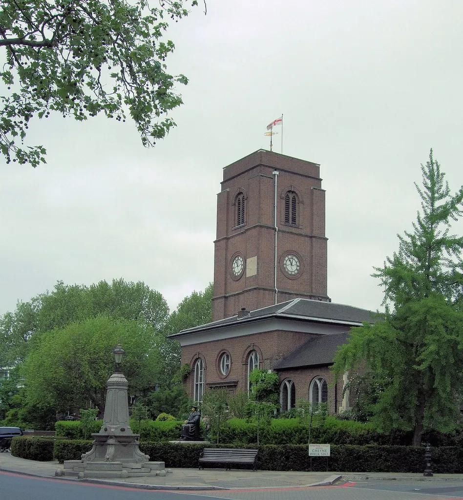 Chelsea Old Church (aka All Saints) is on the north bank of the River Thames (Chelsea Embankment) near Albert Bridge in Chelsea, London, England.