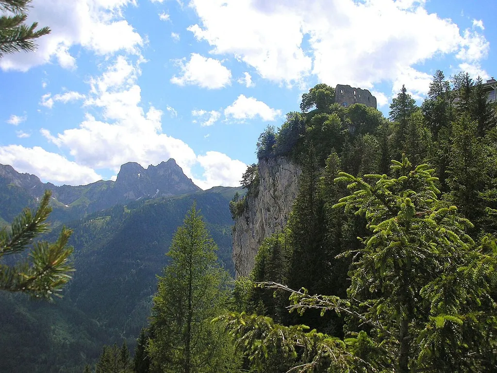 Falkenstein castle near Pfronten (Landkreis Ostallgäu, Bavaria, Germany). The Falkenstein, seen from north east