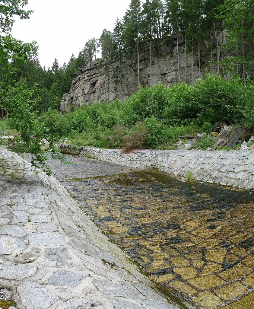 Sokolčí rocks at the Černá River under Soběnov Dam between the villages of Hradiště and Děkanské Skaliny in Český Krumlov District, South Bohemian Region, Czech Republic.