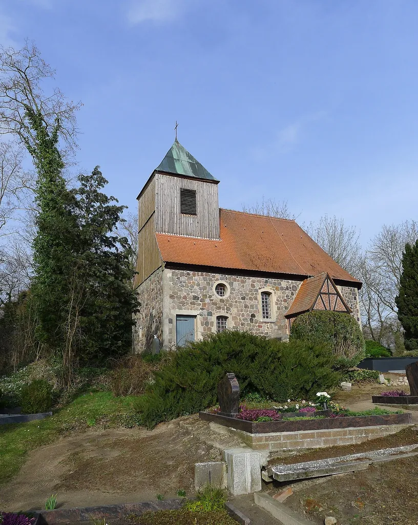 South-western view of the church in Baumgarten, Sonnenberg municipality, Oberhavel district, Brandenburg state, Germany.