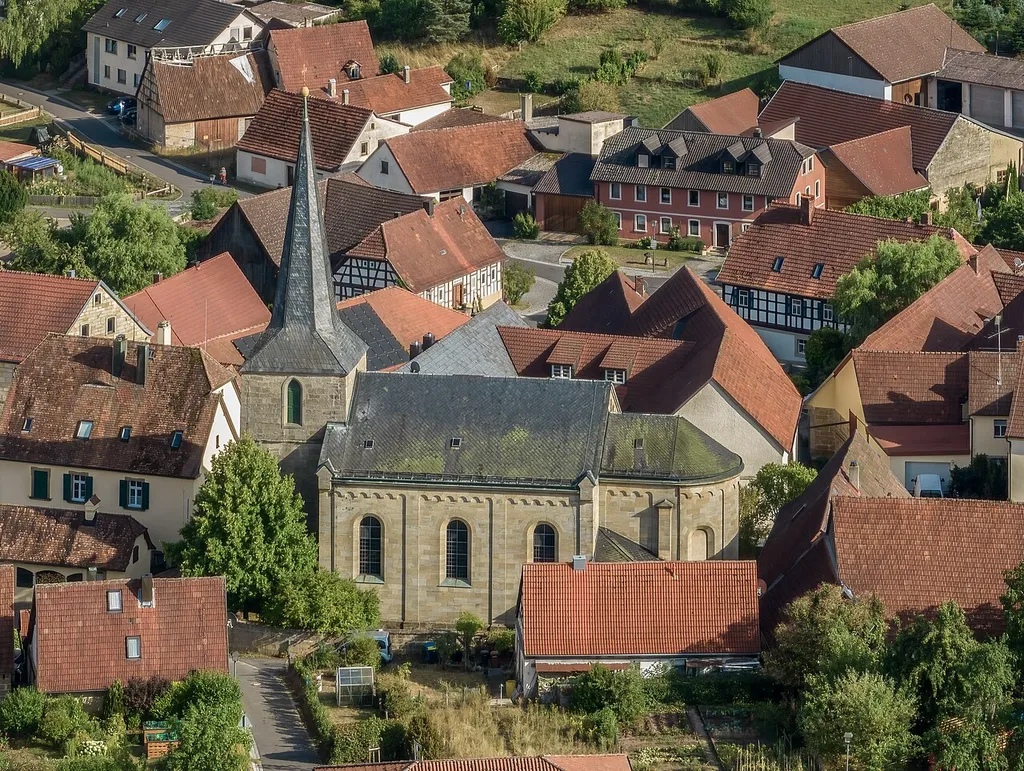 St. Anthony's Catholic Parish Church in Jesserndorf, aerial view.