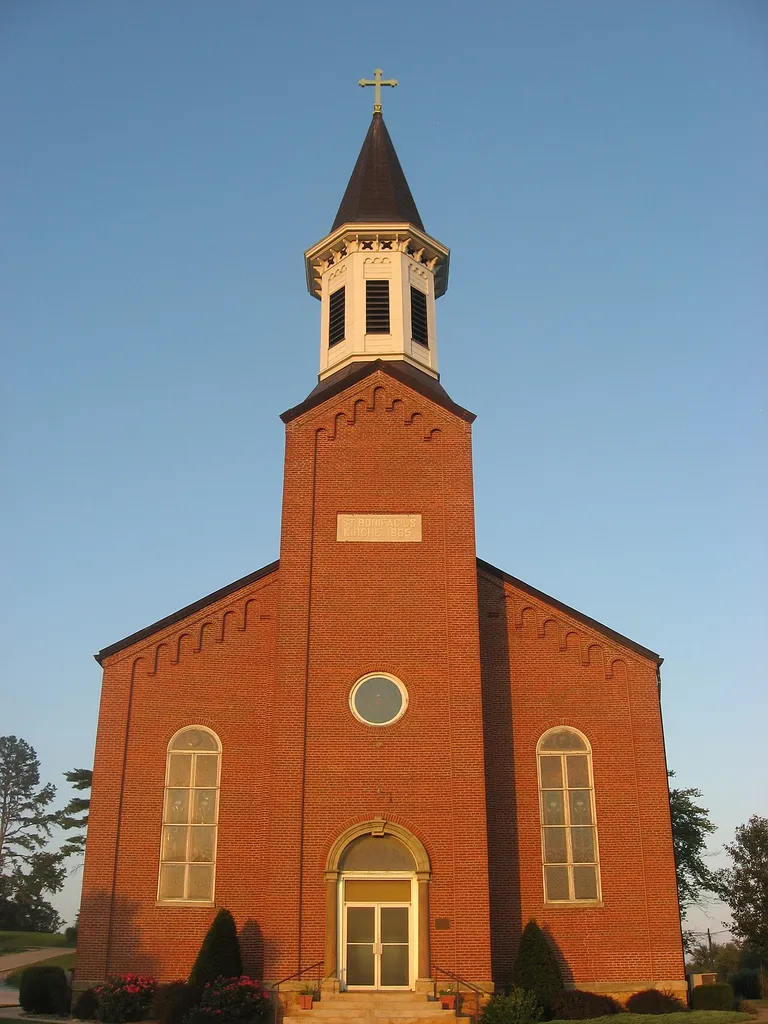 Front of St. Boniface's Catholic Church, located along State Road 545 in Fulda, Indiana, United States. Built in 1865, it is listed on the National Register of Historic Places.