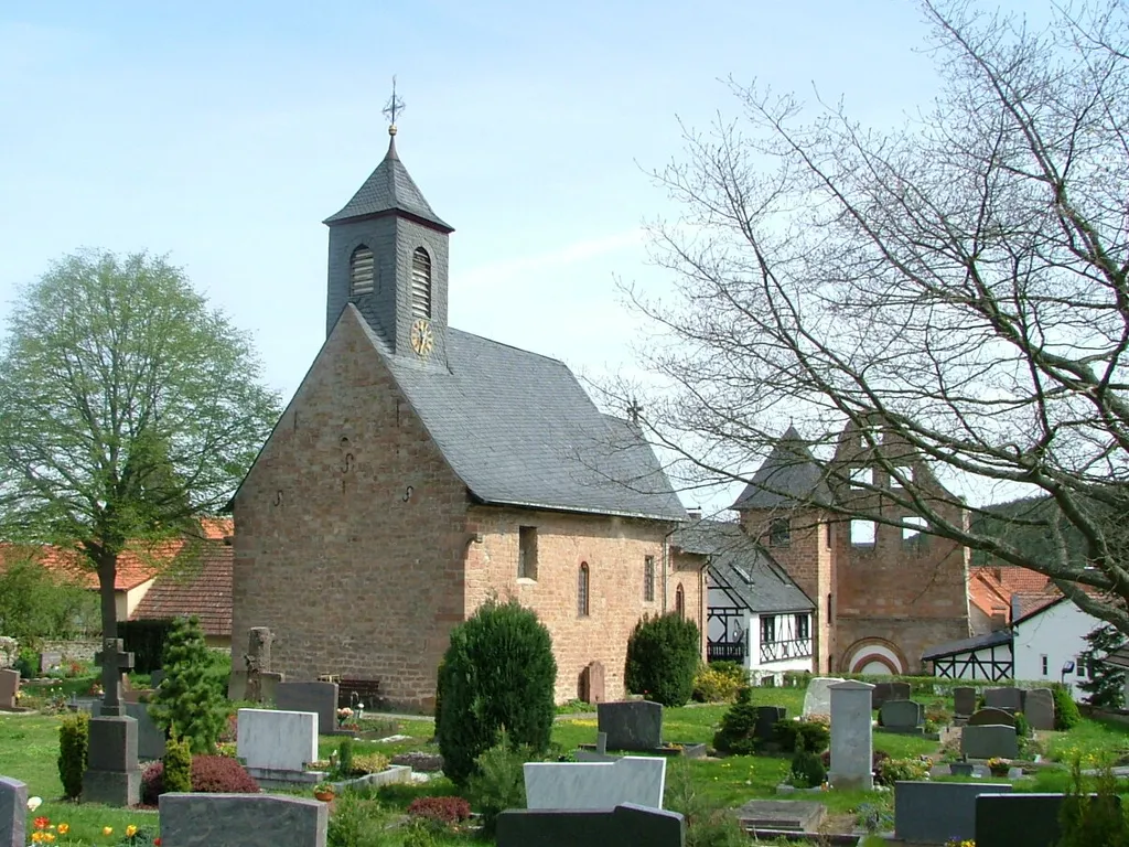 Die romanische Kirche St. Jacob steht im Ortskern von Höningen. Der umgebende Friedhof diente im Mittelalter den benachbarten Gemeinden als Begräbnisstätte. Im Hintergrund: Giebel vom Konventsgebäude (links) und der Westgiebel der zerfallenen Klosterkirche (rechts).