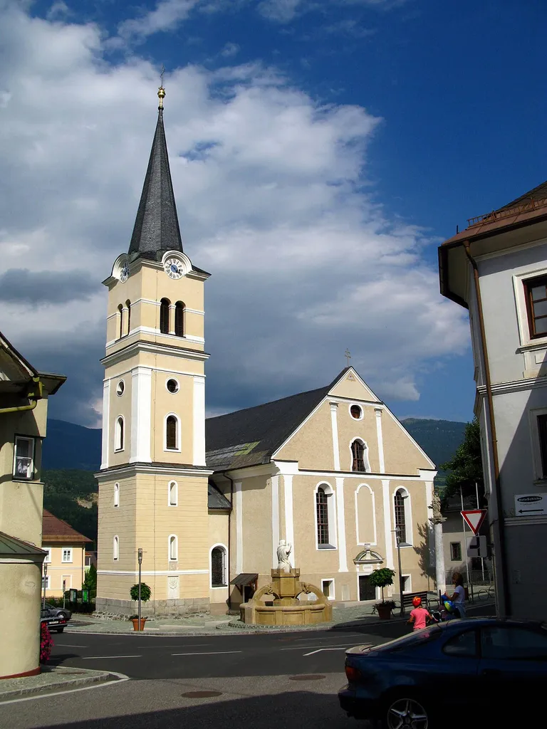 Parish church St. Paternianus in Paternion around 2008, district Villach-Land in Carinthia / Austria / EU. Southwest side of the parish church. In the background Mirnock Mountain.