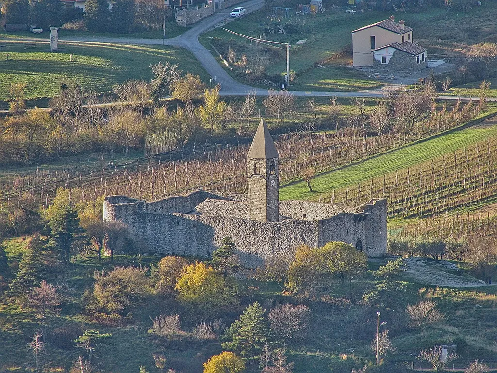 View of hrastovlje's Holy Trinity church from the Venetian defensive tower above Podpeč