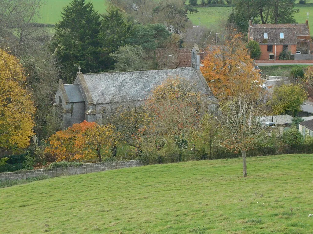 St. Michael's Church, Burrowbridge, viewed from Burrow Mump. Burrowbridge, Somerset, England. Grade II listed.