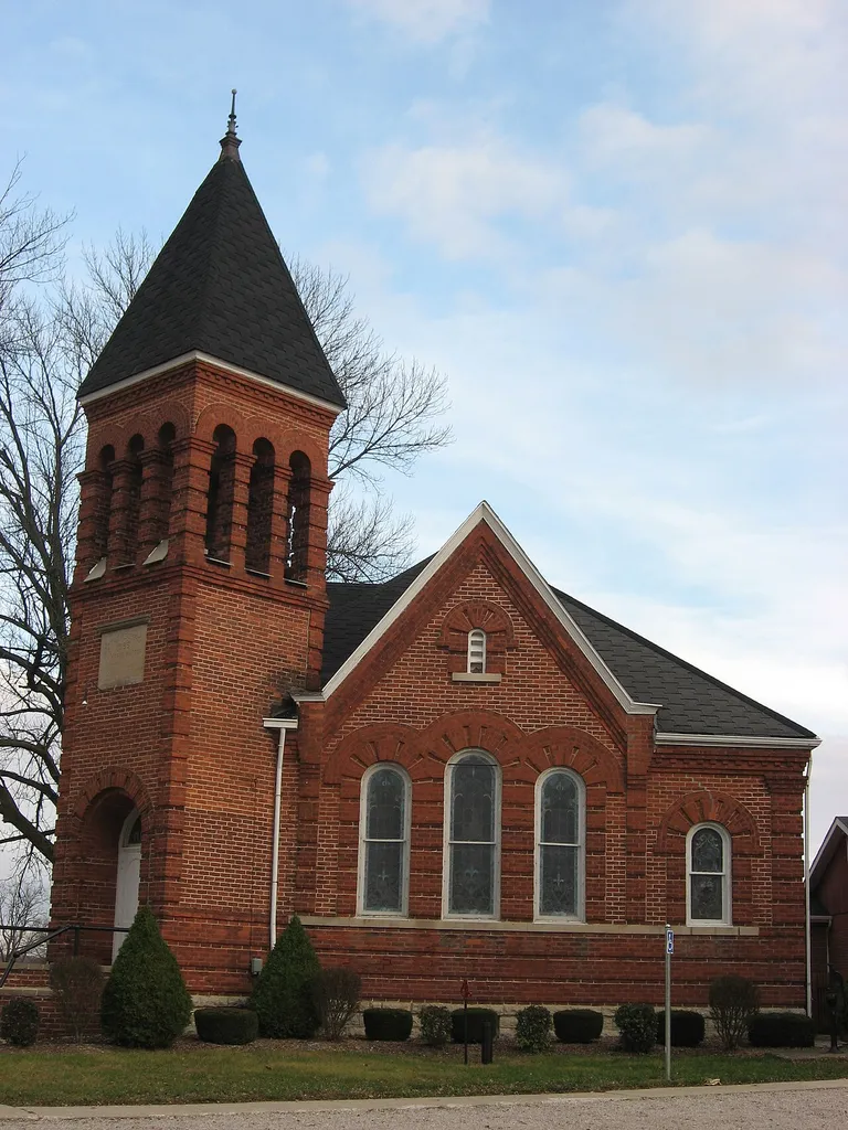Western side of Bethel Methodist Episcopal Church, located on the southern side of the junction of S450E and E300S southeast of Bluffton in Harrison Township, Wells County, Indiana, United States. Built in 1900, it is listed on the National Register of Historic Places.