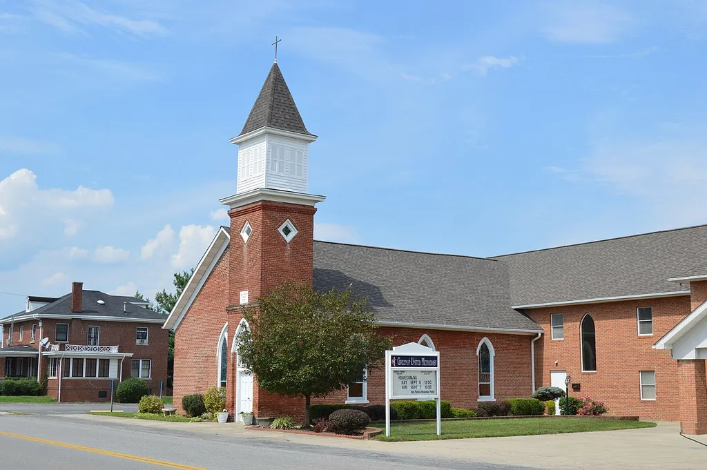 Eastern side and front of the Greenup Methodist Church, located at 607 Main Street (Kentucky Route 2541) in Greenup, Kentucky, United States. Built in 1845, it is listed on the National Register of Historic Places.