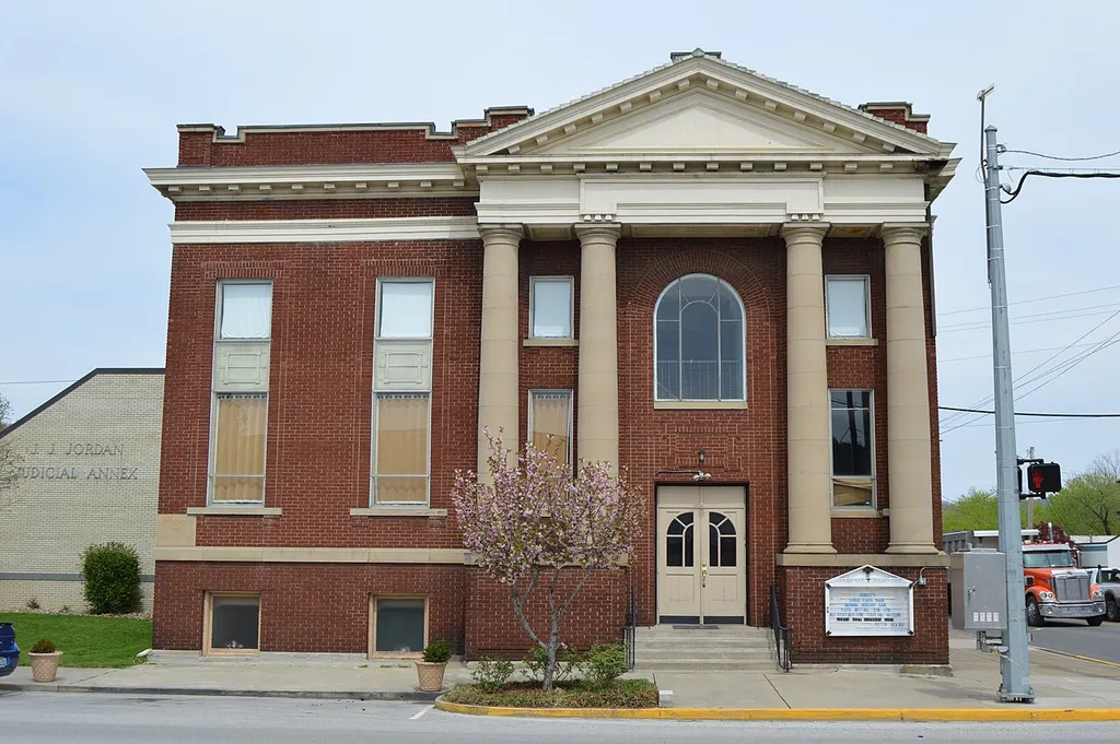 Front of the Louisa United Methodist Church, located on the northeastern corner of the junction of Madison Street (Kentucky Route 3) and Main Cross Street in Louisa, Kentucky, United States. Built in 1916, it is listed on the National Register of Historic Places.