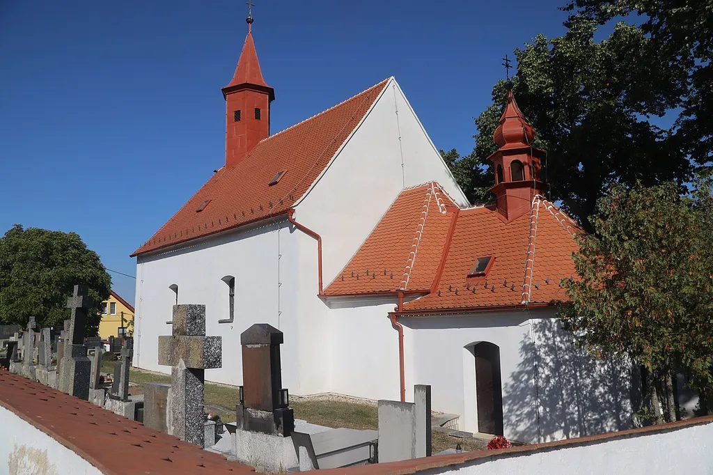 Overview of church of Saint Peter at cemetery in Krahulov, Třebíč District.