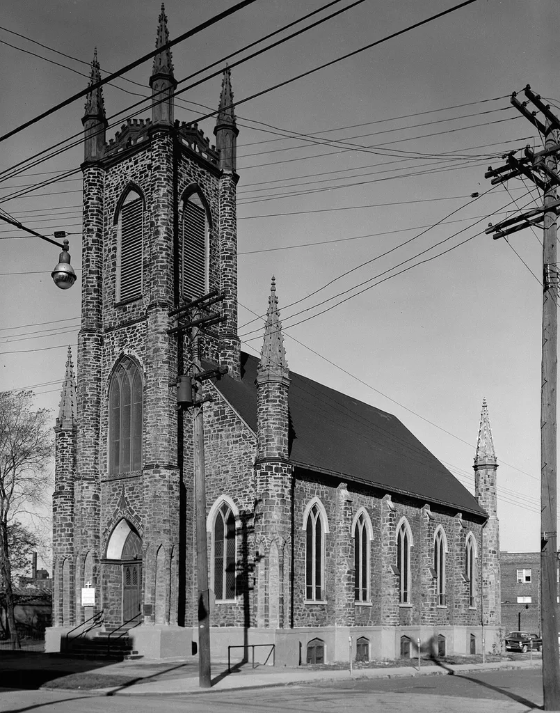 Front and eastern side of St. John's Episcopal Church, located at 2600 Church Street in Cleveland, Ohio, United States. Built in 1838 and since modified after being damaged by a tornado, it is Cleveland's oldest church, and it is listed on the National Register of Historic Places.