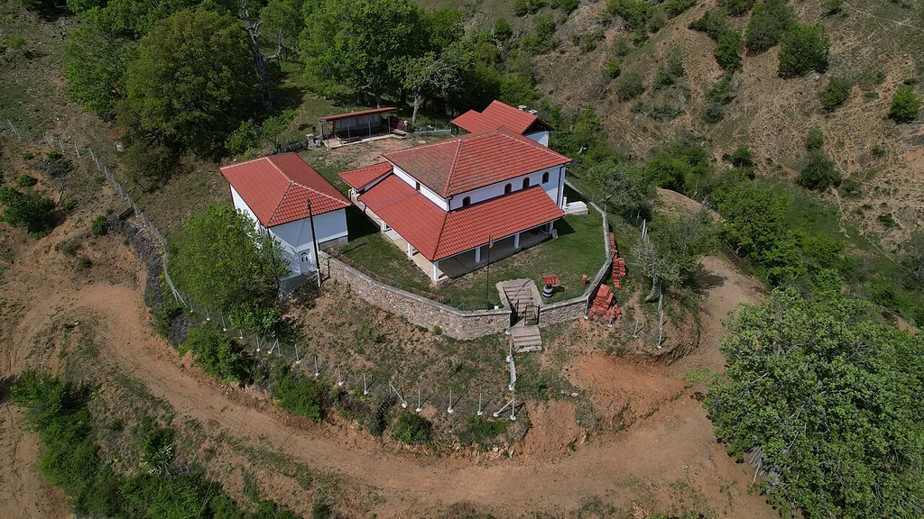 An aerial view of Church of the Ascension of Jesus in the village of Stinik
